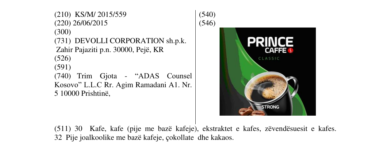 Zëri i markës PRINCE CAFFE CLASSIC në buletin