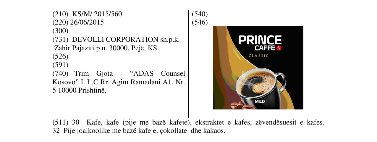 Zëri i markës PRINCE CAFFE CLASSIC në buletin
