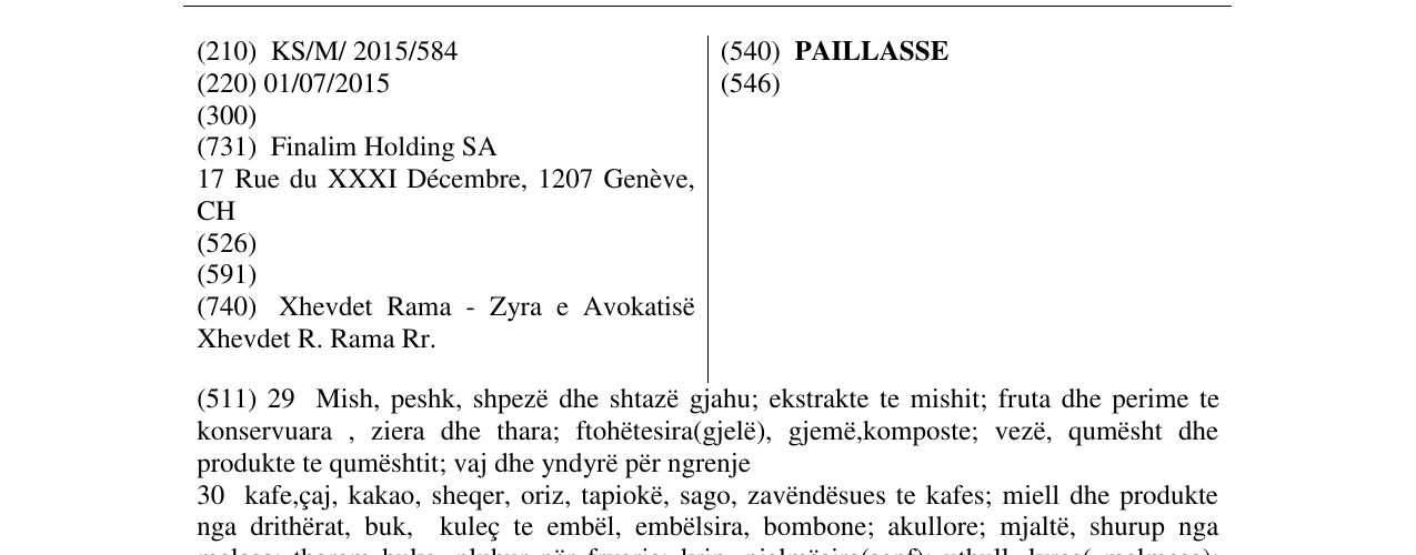 Zëri i markës PAILLASSE në buletin