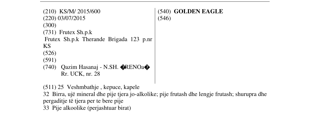 Zëri i markës GOLDEN EAGLE në buletin