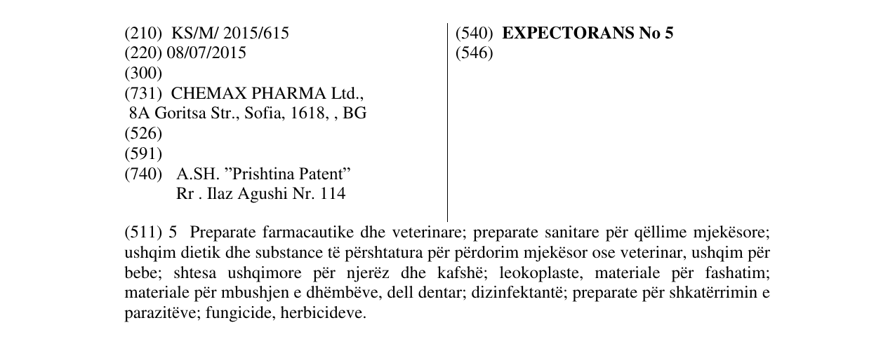 Zëri i markës EXPECTORANS No 5 në buletin
