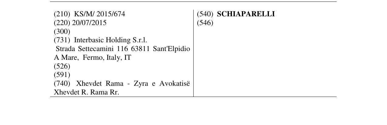 Zëri i markës SCHIAPARELLI në buletin
