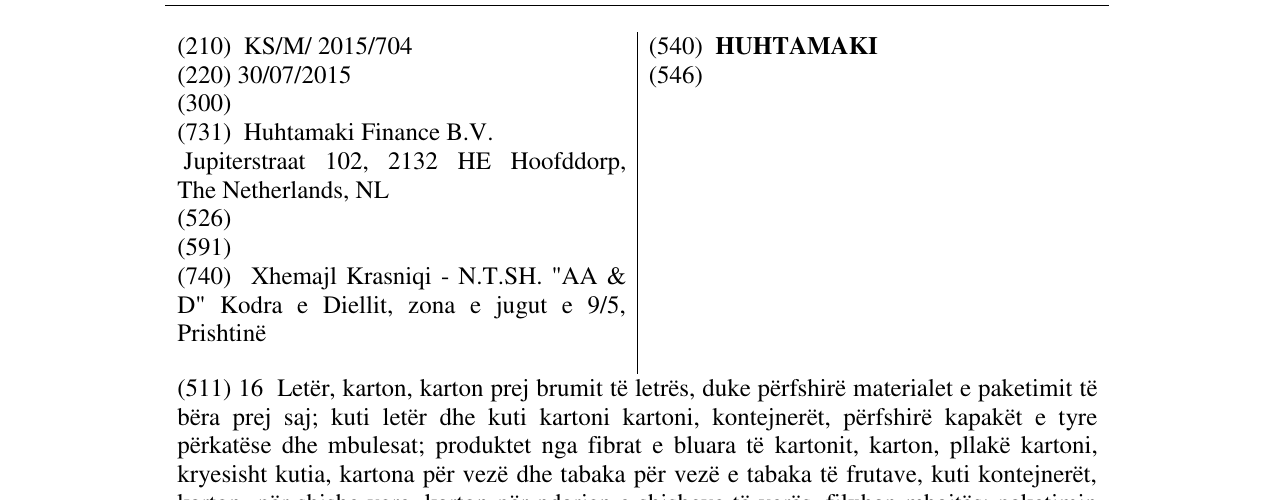 Zëri i markës HUHTAMAKI në buletin