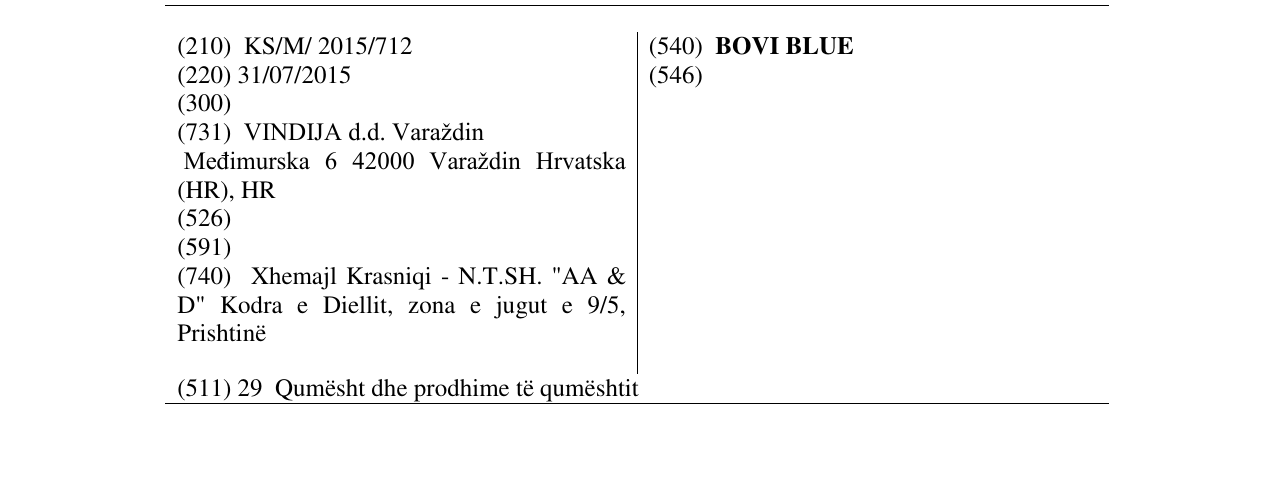 Zëri i markës BOVI BLUE në buletin