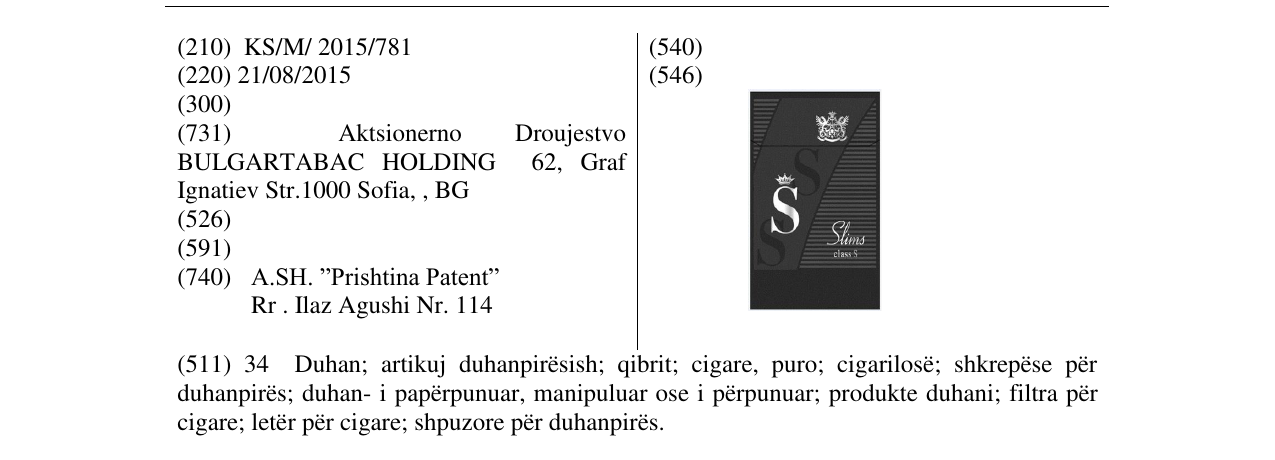 Zëri i markës Slims class S në buletin