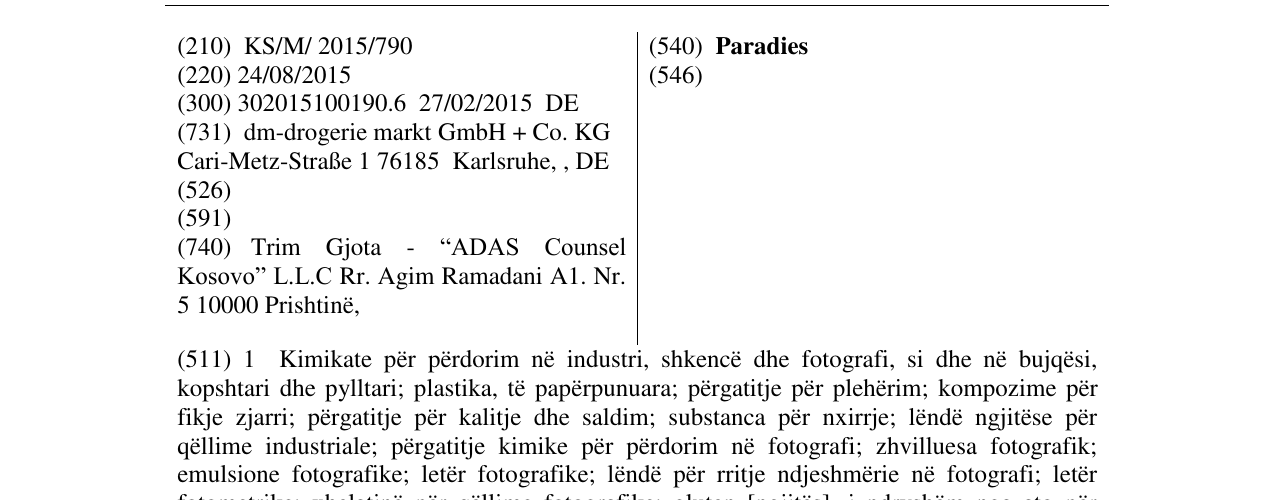 Zëri i markës Paradies në buletin