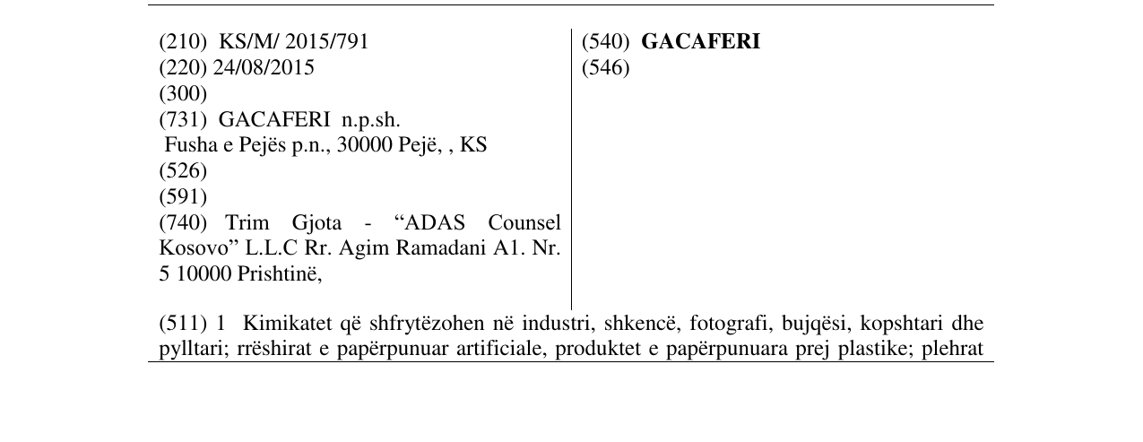 Zëri i markës GACAFERI në buletin