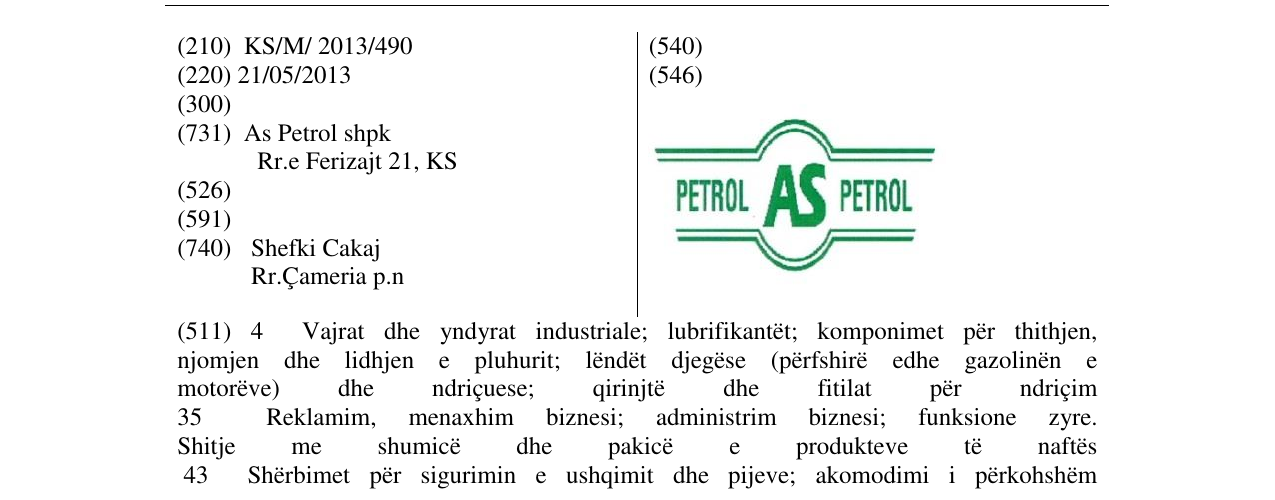 Zëri i markës PETROL AS PETROL në buletin