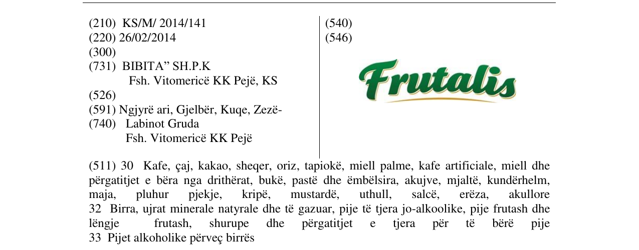 Zëri i markës Frutalis në buletin