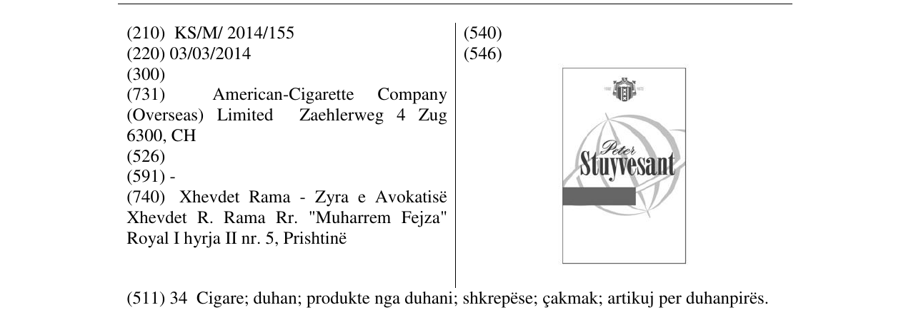 Zëri i markës Stuyvesant në buletin