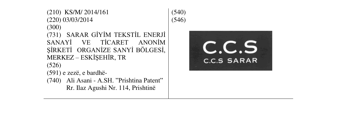 Zëri i markës C.C.S. SARAR në buletin