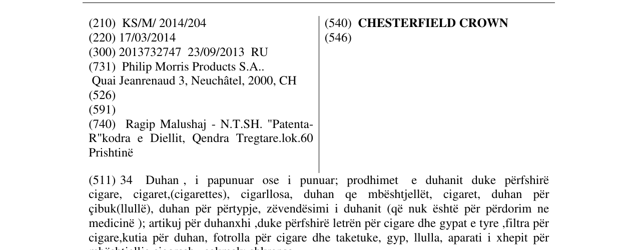 Zëri i markës CHESTERFIELD CROWN në buletin