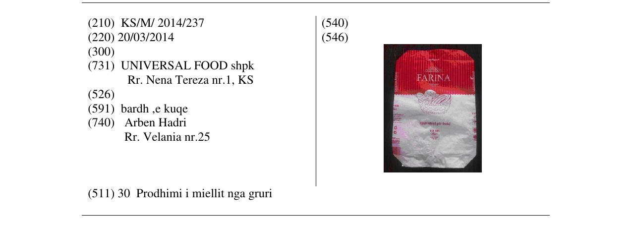 Zëri i markës FARINA në buletin
