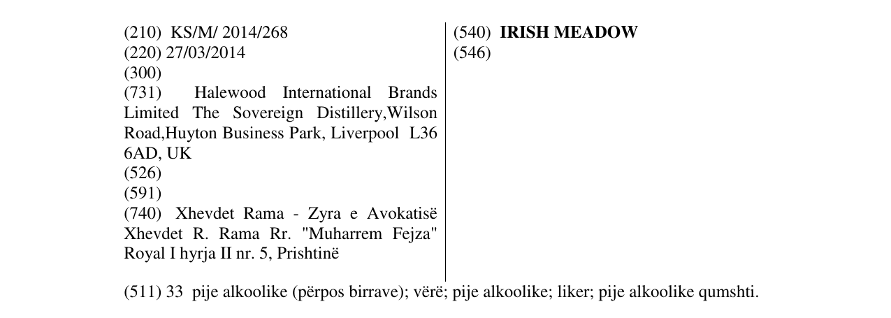 Zëri i markës IRISH MEADOW në buletin