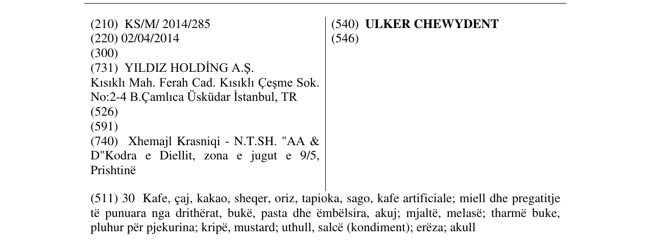 Zëri i markës ULKER CHEWYDENT në buletin
