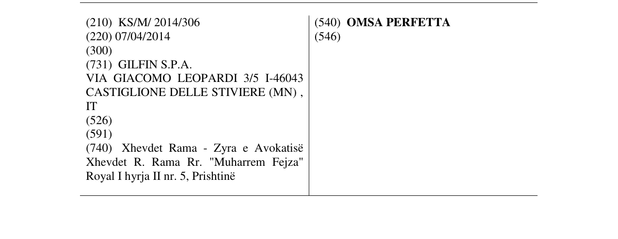 Zëri i markës OMSA PERFETTA në buletin