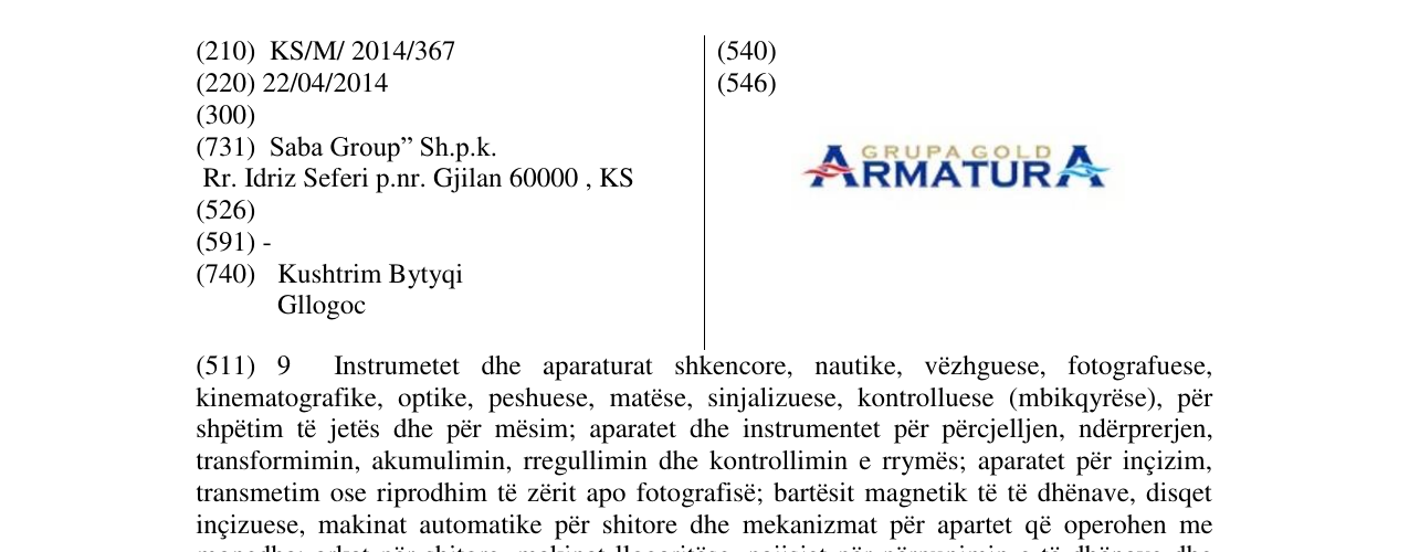 Zëri i markës ARMATURA GRUPA GOLD në buletin