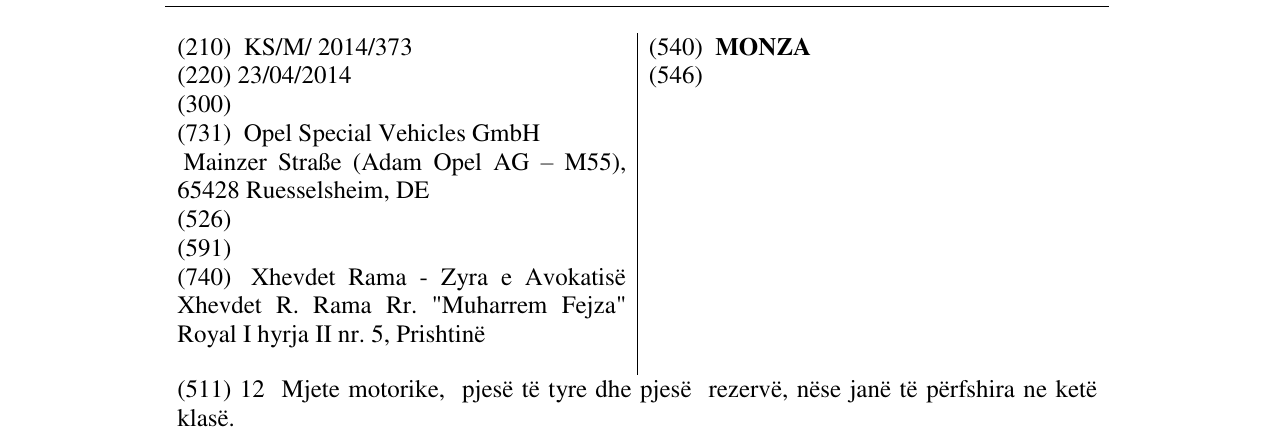 Zëri i markës MONZA në buletin