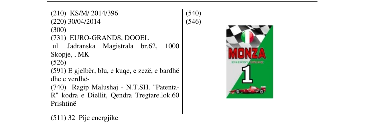 Zëri i markës MONZA 1 në buletin