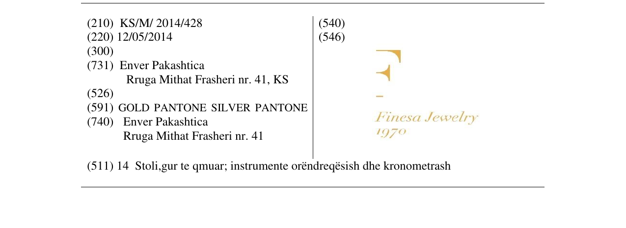 Zëri i markës Finesa Jewelry 1970 në buletin