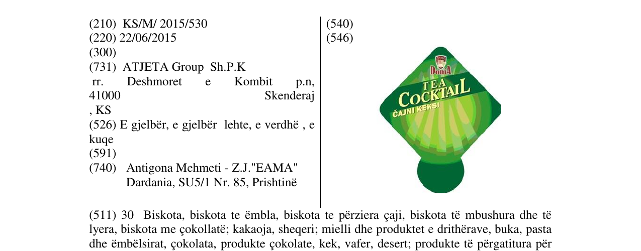 Zëri i markës TEA COCKTAIL Cajni keksi në buletin