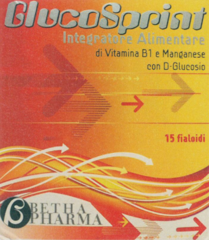 Paraqitja e markës GlucoSprint Integratore Alimentare di Vitamina B1 e Manganese con D-Glucosio 15 fialoidi BERTHA PHARMA