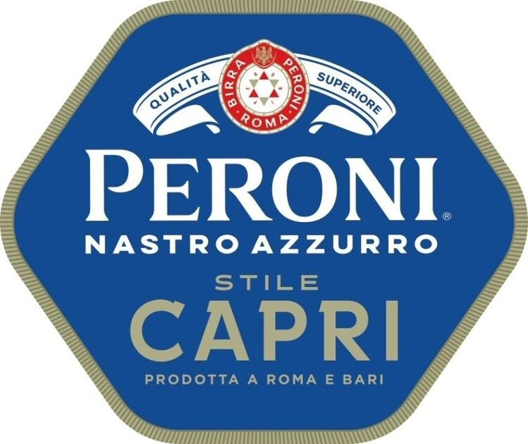 Paraqitja e markës QUALITA BIRRA ROMA PERONI SUPERIORE PERONI NASTRO AZZURRO STILE CAPRI PRODOTTA A ROMA E BARI