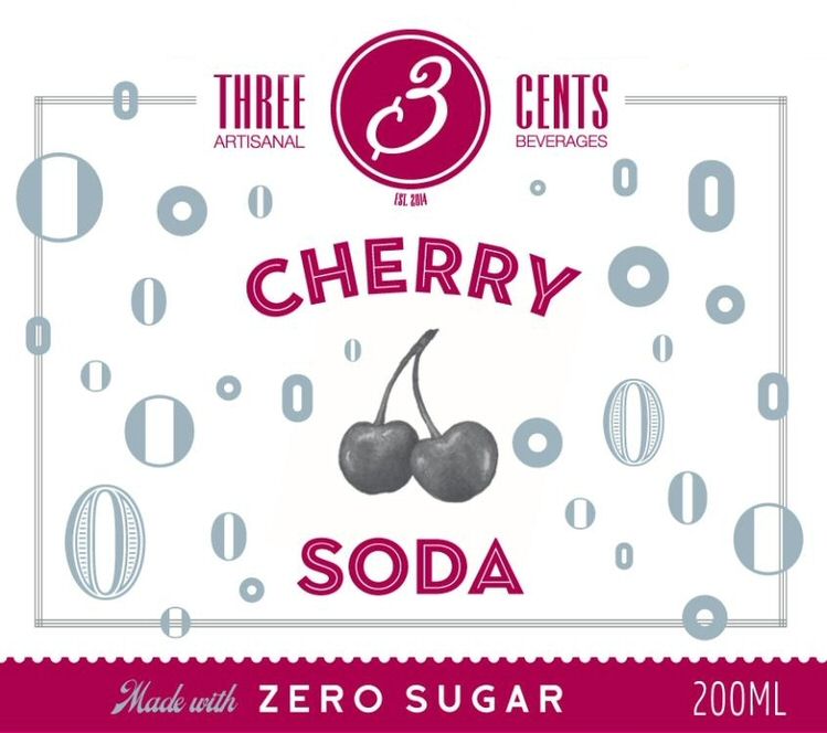 Paraqitja e markës 3 THREE CENTS ARTISANAL BEVERAGES EST. 2014 CHERRY SODA Made with ZERO SUGAR 200ML