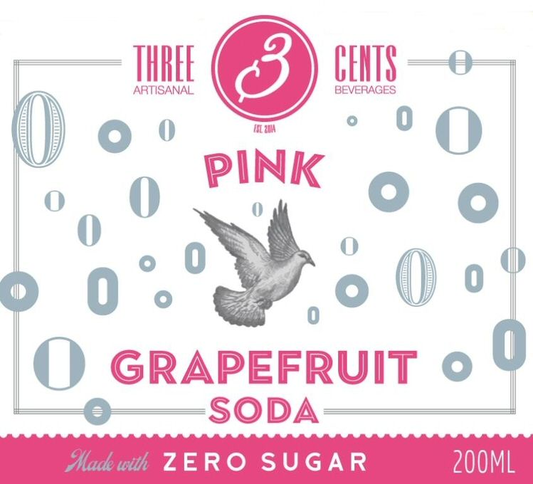 Paraqitja e markës 3 THREE CENTS ARTISANAL BEVERAGES EST. 2014 PINK GRAPEFRUIT SODA Made with ZERO SUGAR 200ML