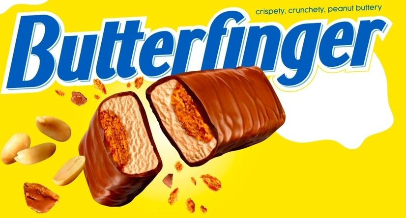 Paraqitja e markës Butterfinger crispety, crunchety, peanut buttery
