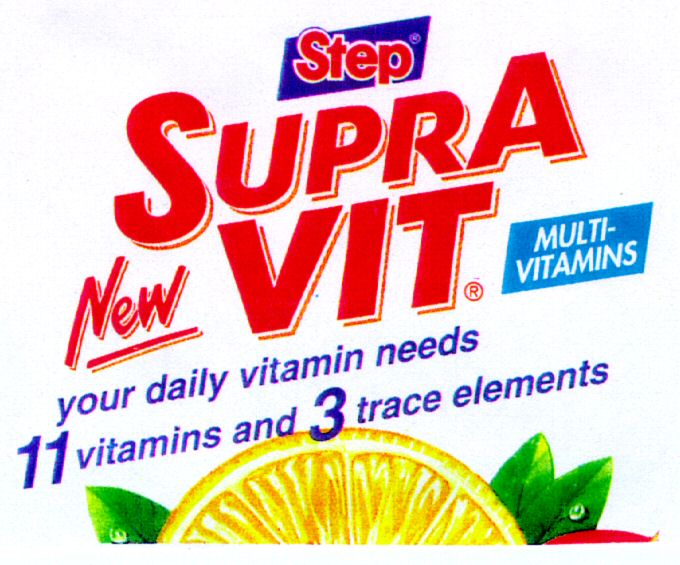 Paraqitja e markës Step SUPRA New VIT MULTI-VITAMINS your daily vitamin needs 11 vitamins and 3 trace elements