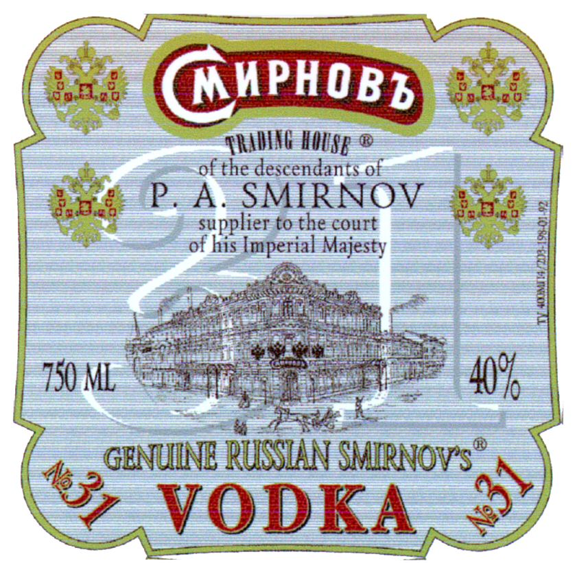 Paraqitja e markës P.A. SMIRNOV VODKA GENUINE RUSSIAN SMIRNOV'S VODKA No 31