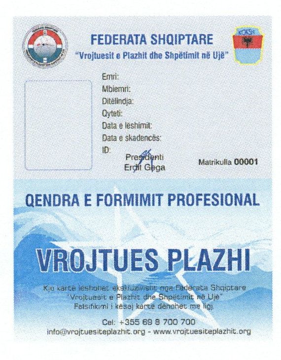 Paraqitja e markës FEDERATA SHQIPTARE VROJTUESIT E PLAZHIT DHE SHPËTIMIT NË UJË