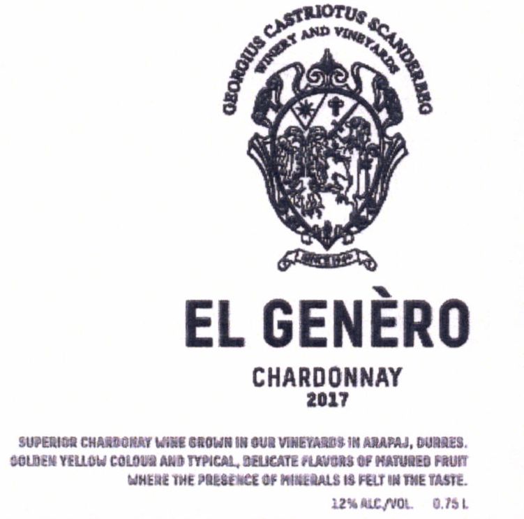 Paraqitja e markës GEORGEIUS CASTRIOTUS SCANDERBEG WINERY AND VINEYARDS EL GENERO Chardoney
