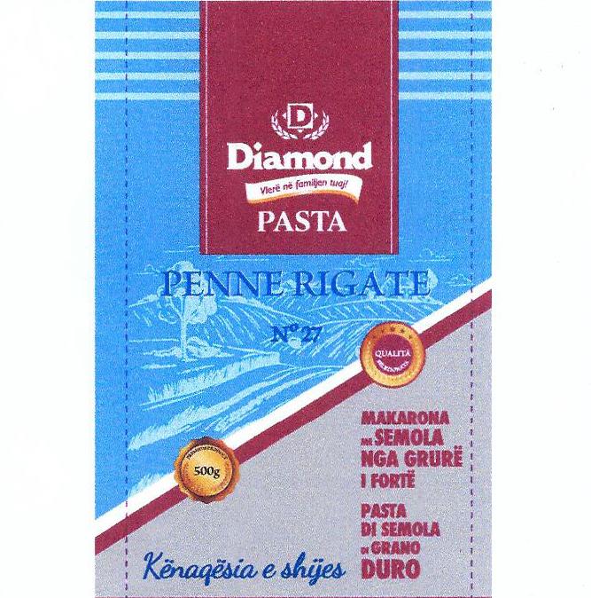 Paraqitja e markës Diamond, Vlere ne familjen tuaj, PASTA, PENNE RIGATE, N 27, MAKARONA me SEMOLA NGA GRURE I FORTE, PASTA DI SEMOLA DI GRANO DURO, QUALITA, 500g