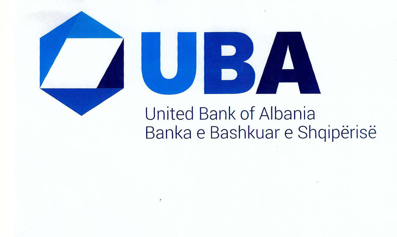 Paraqitja e markës UBA United Bank of Albania Banka e Bashkuar e Shqipërisë