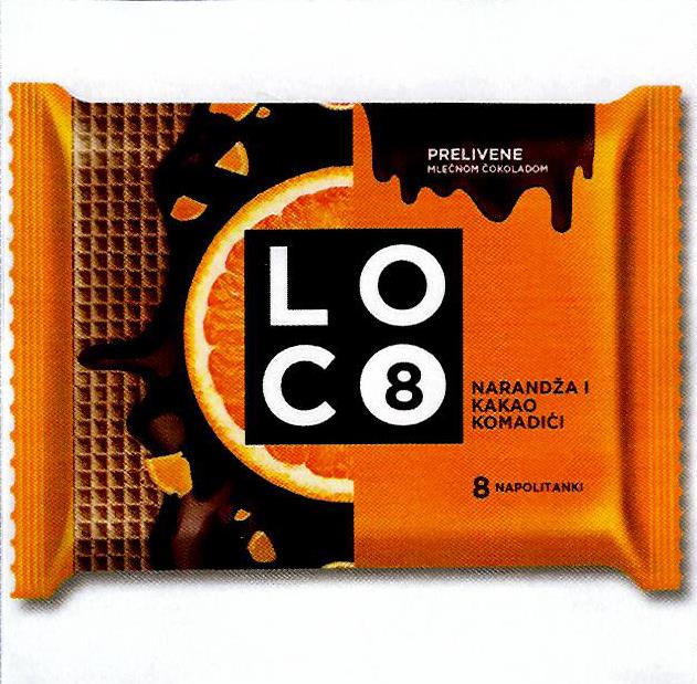 Paraqitja e markës LOCO 8 Prelivene Mlečnom Čokoladom Narandža i Kakao Komadići 8 NAPOLITANKI