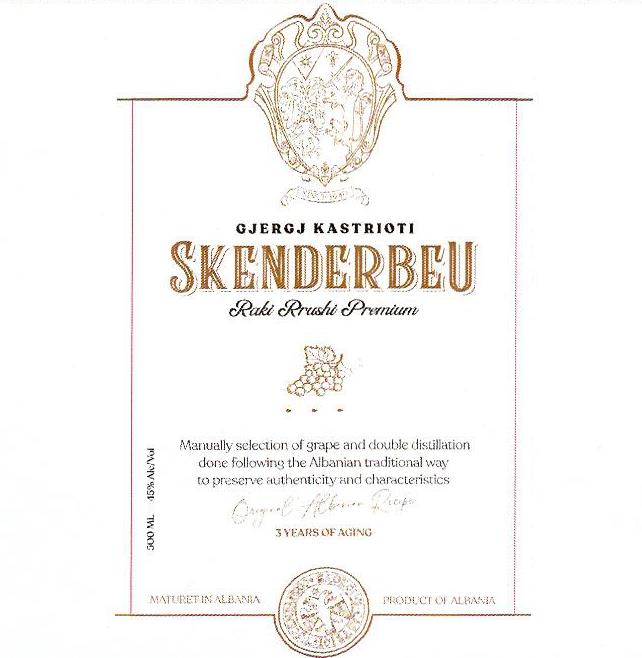 Paraqitja e markës GJERGJ KASTRIOTI SKENDERBEU RAKI RRUSHI PREMIUM