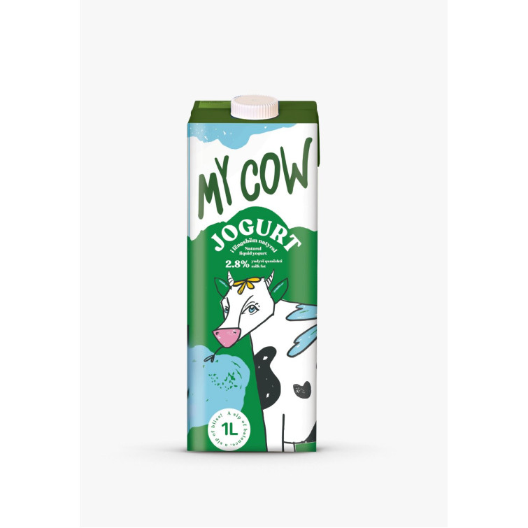 Paraqitja e markës MY COW JOGURT i lëngshëm natyral Natural liquid yogurt 2.8% yndyrë qumështi milk fat. 1 L A sip of balance, a sip of bliss!